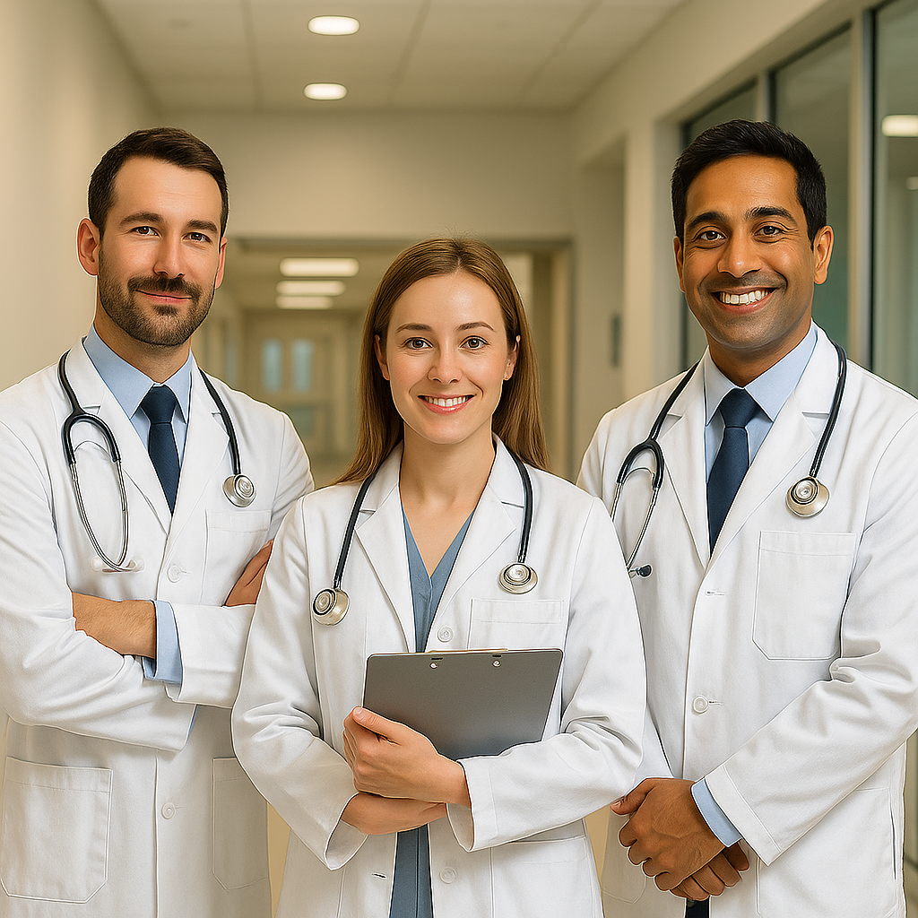 Students in white coats at international medical university